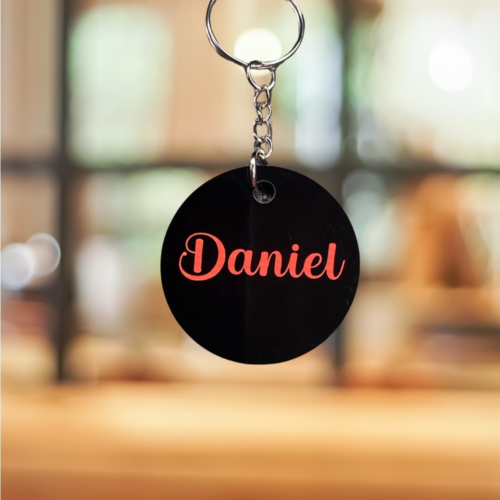 Custom Black Keychain with Red Text